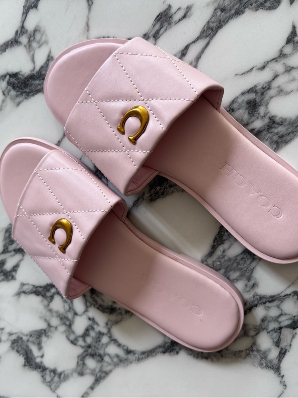 Coach Pink Quilted Slide Sandals with Gold C Logo - Picture 2 of 3